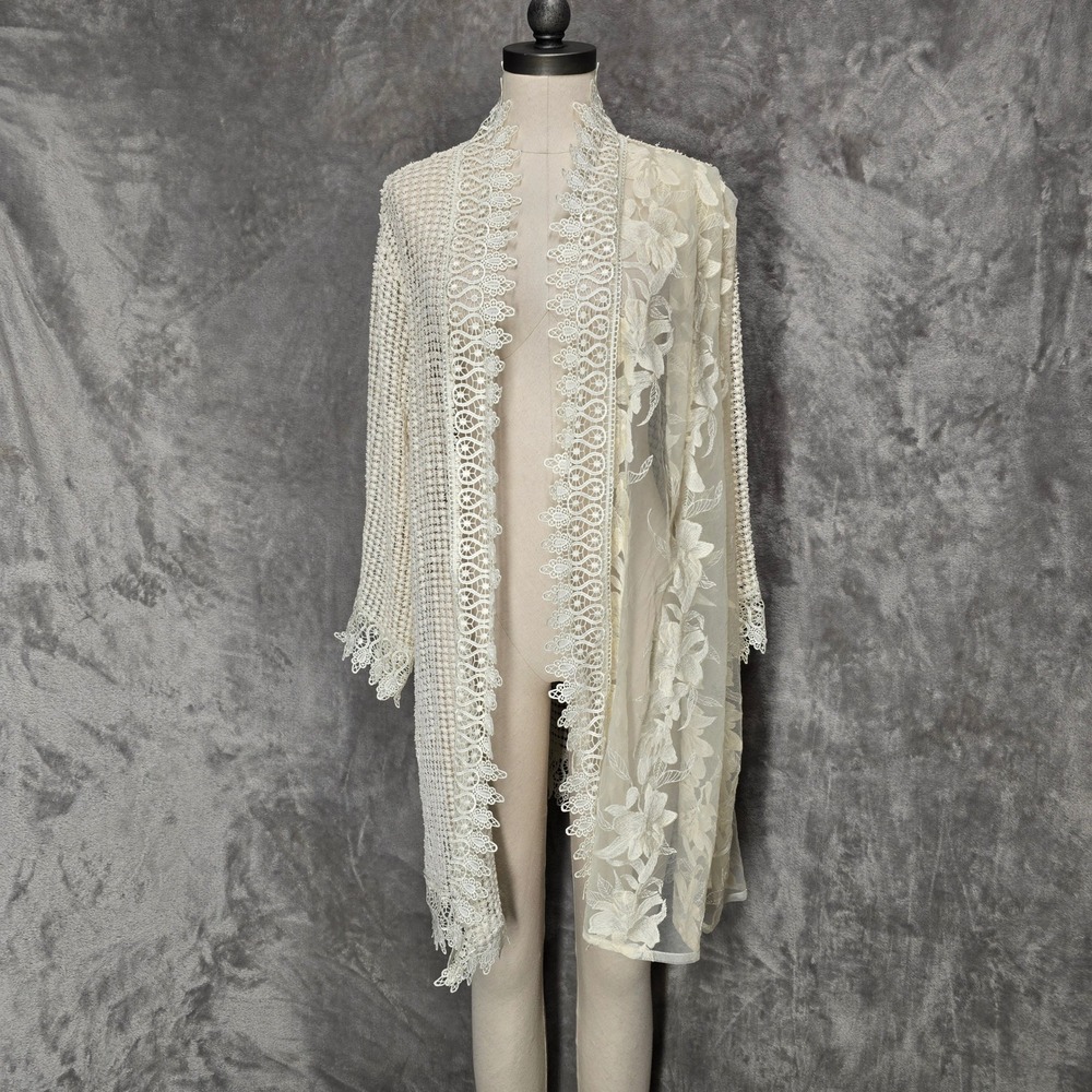Suri by Kana Kimono Cardigan Cream Lace Crochet Floral Sheer Boho Chic Cottage